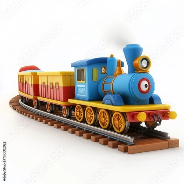 Fototapeta Cute 3D Cartoon Style Train on White Background, Side View, 3D Rendered, Isolated Illustration.