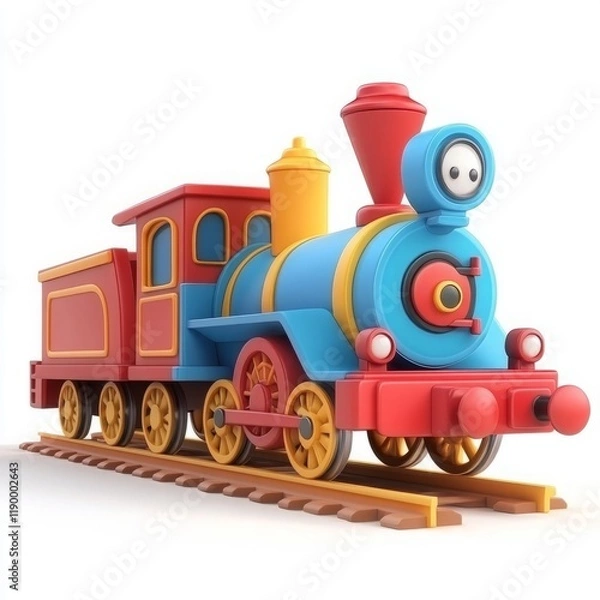 Fototapeta Cute 3D Cartoon Style Train on White Background, Side View, 3D Rendered, Isolated Illustration.