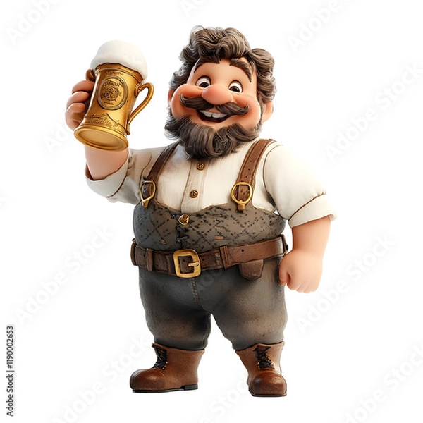 Fototapeta Cheerful cartoon man with beard and mustache holding a beer mug isolated on transparent background.