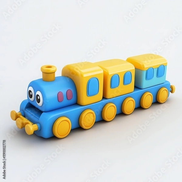 Fototapeta Cute 3D Cartoon Style Train on White Background, Side View, 3D Rendered, Isolated Illustration.