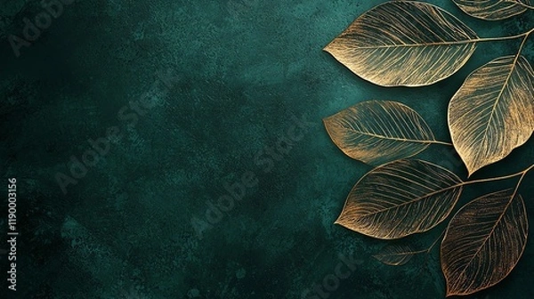 Fototapeta A close-up of elegant golden leaves against a deep teal background, creating a sophisticated and calming aesthetic.