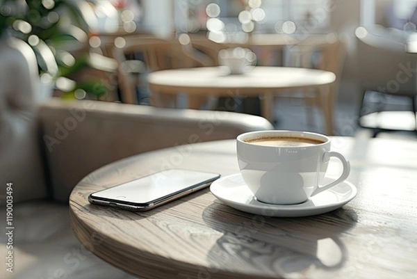 Fototapeta High Detail Visual of Cup of Coffee and Smartphone on Table in Cafe