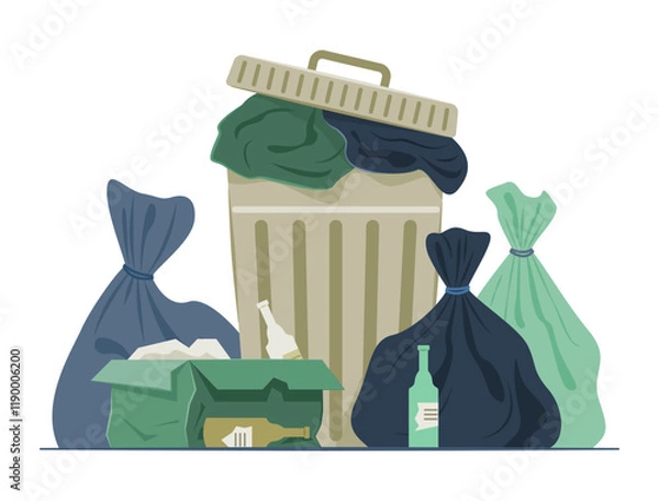 Fototapeta Trash Can with Pile of Garbage Bags for Scattered Trash Concept Illustration