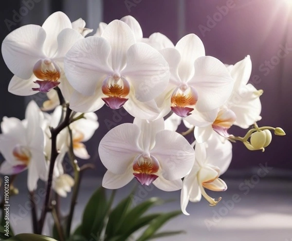 Fototapeta Exquisite white rare orchids with purple border and wavy petals in sunlight, sunlight, elegant, border, petals