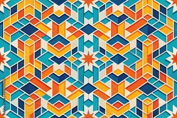 Fototapeta Geometric Abstract Background: Blue, Orange, Yellow Interlocking Shapes