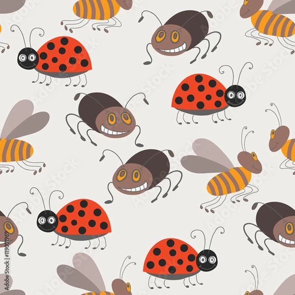 Fototapeta seamless pattern with bugs, bees and ladybirds