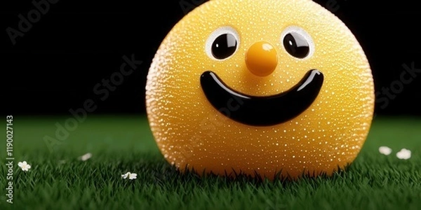 Obraz Cheerful yellow smiley ball outdoor grass setting toy bright environment close-up view joyful concept