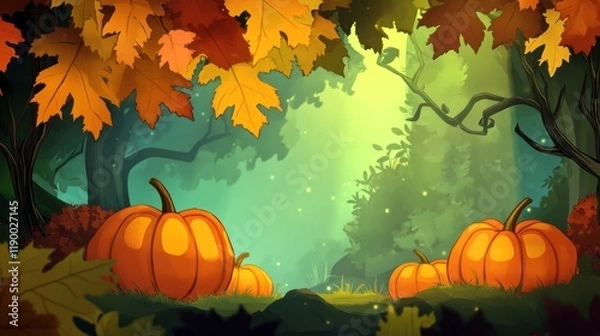 Fototapeta A serene autumn scene with vibrant pumpkins and colorful leaves in a mystical forest setting.