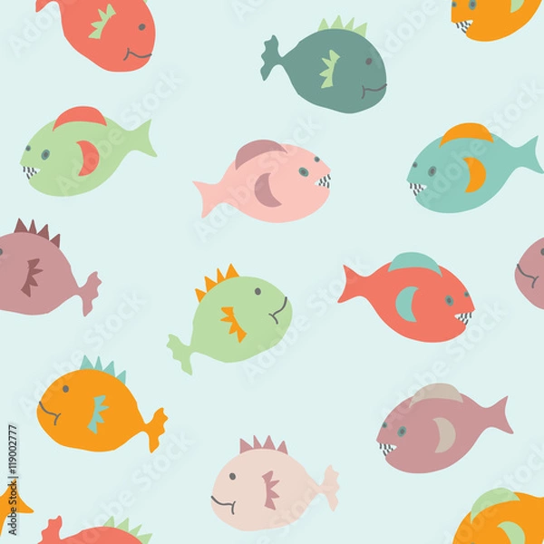 Fototapeta Cheerful eamless pattern with doodle fish