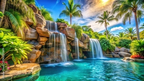 Fototapeta Stunning Tropical Resort Waterfall Pool Feature - Luxurious Southern Escape
