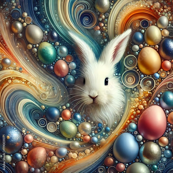 Obraz Easter eggs. muzzle of a white rabbit on an abstract background. Easter.  Generated AI
