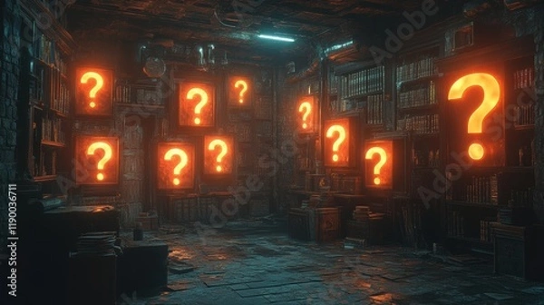 Fototapeta a mysterious and enigmatic scene set in a dimly lit old library filled with floating glowing question marks in various dimension