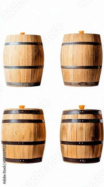 Obraz Wooden Barrels Set  Oak Wine Casks  Rustic  Vintage  Isolated