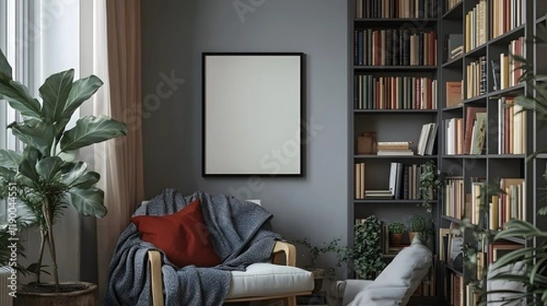 Obraz Cozy Reading Nook Mockup Featuring a Framed Artwork on a Wall Surrounded by Bookshelves, Warm Textiles, and Indoor Plants for an Inviting Atmosphere