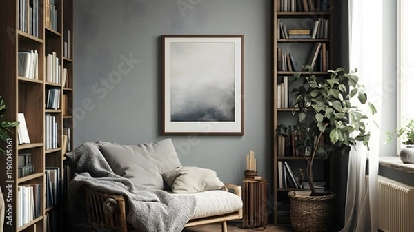 Obraz Cozy Reading Nook in a Stylish Interior with Framed Artwork, Showcasing a Serene Atmosphere Perfect for Relaxation and Escape in a Modern Living Space