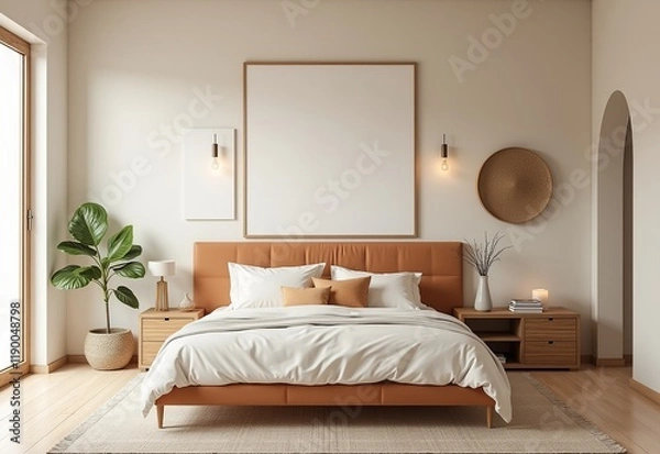 Fototapeta ミニマリストで整理されたファッションリビング、デザインの傑作をフィーチャー、バランスと対称性を中性色で表現、カラメル色のアクセント