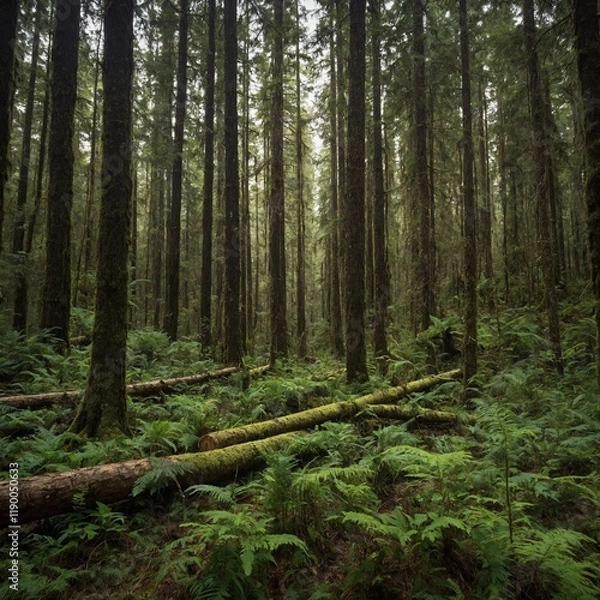Fototapeta A sustainably managed forest certified by a recognized Forestry Stewardship Council (FSC), where selective logging practices are employed to preserve biodiversity, protect endangered species, and main