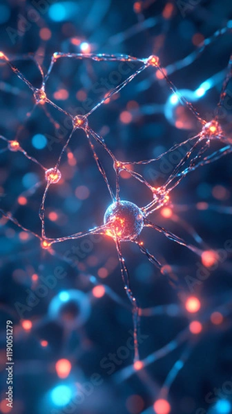 Obraz AI-created image of a neural network with animated glowing nodes and intricate data paths, visualizing the flow of information in AI systems.