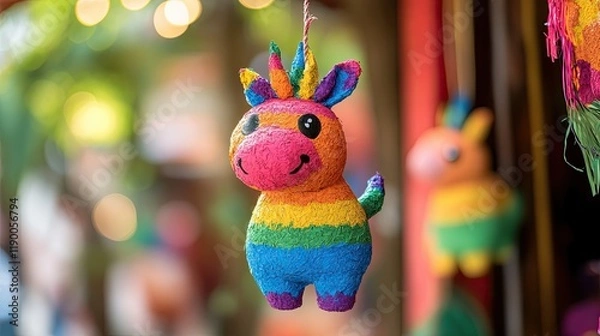 Obraz A colorful piñata shaped like a donkey, adorned with vibrant paper fringes in shades of pink,