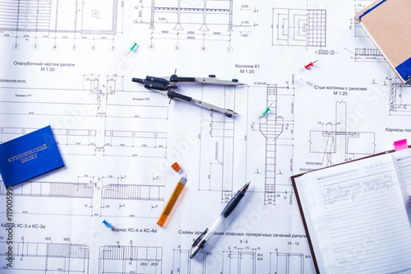 Obraz Desktop on which the drawing compasses, pencil and notebook