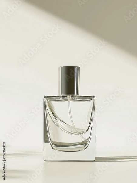 Fototapeta Sleek modern glass perfume bottle mockup featuring elegant curves and a minimalist cap, ideal for branding and product presentation.