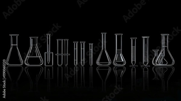 Obraz Silhouette collection of laboratory instruments, including beakers, test tubes, and flasks, set against a plain backdrop for educational and professional applications.