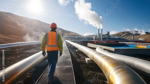 Obraz Engineer Walking Past Large Geothermal Pipes Under Bright Sky at Renewable Energy Facility