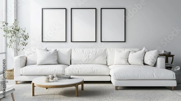 Fototapeta Stylish dining room featuring a single table and three mockup poster frames with 3D effects for a clean look.