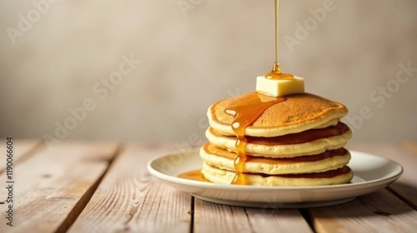 Obraz A tempting stack of golden-brown pancakes, drizzled with sweet syrup and topped with a pat of butter, sits on a rustic wooden table, ready to be enjoyed.