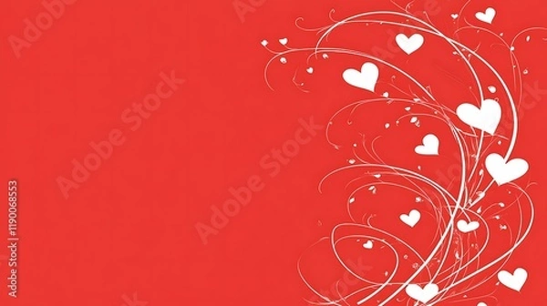 Fototapeta Red background with white hearts and swirling vines