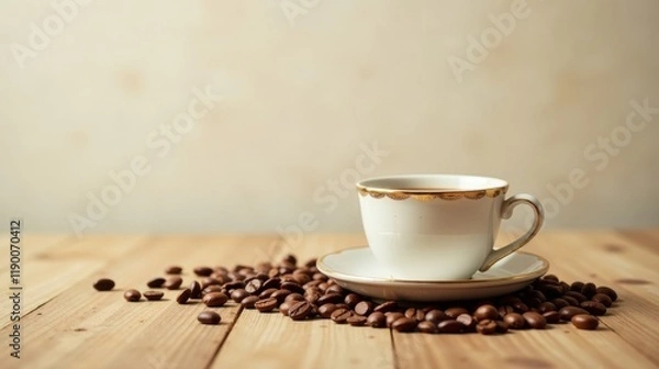 Obraz Aromatic Coffee in an Elegant Cup with Roasted Beans on a Wooden Surface