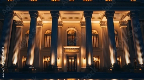 Obraz Magnificent Illuminated Building at Night Showcasing Grand Architecture with Columns and Warm Lighting for Stunning Nighttime Photography