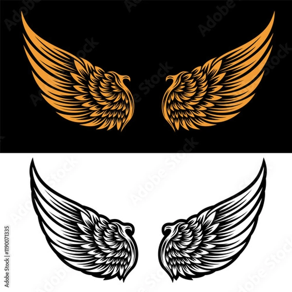 Fototapeta Wings in tattoo style isolated on white background. Design element for poster, t shit, card, emblem, sign, badge. Vector illustration