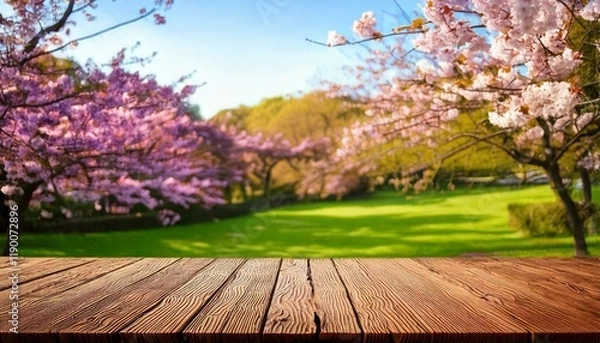 Fototapeta An empty wooden table set against the serene backdrop of a blooming cherry blossom park.