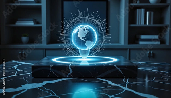 Fototapeta Futuristic holographic virtual assistant projection on sleek black marble desk in modern setting