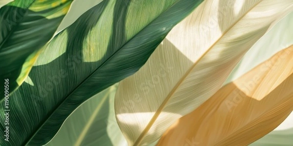 Fototapeta Abstract Botanical Boho â€“ Tropical leaves in an abstract, minimalist style with green, beige, and yellow tones, creating a serene boho atmosphere.