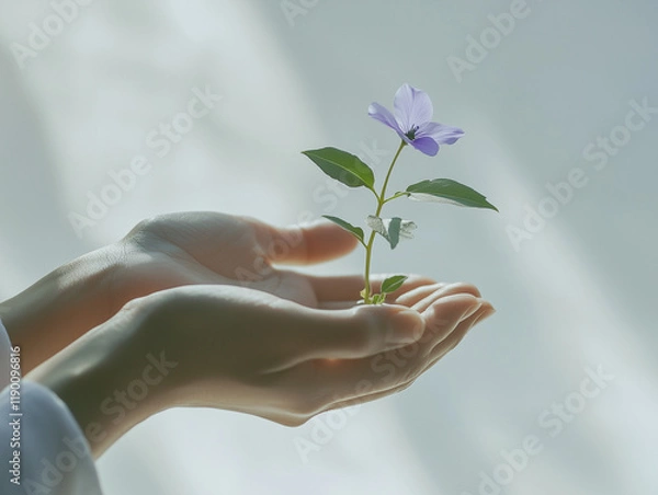 Fototapeta  A close-up of two hands gently holding a small sprouting plant with a single purple flower. The image symbolizes women’s nurturing strength and the growth of future generations. 