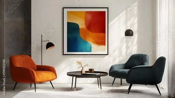 Fototapeta Vibrant and Colorful Interior Mockup Featuring Modern Furniture, Stylish Wall Art, and Inviting Atmosphere for Contemporary Living Spaces