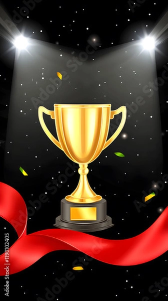 Fototapeta Shiny golden trophy with spotlight and ribbon