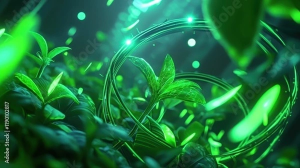 Fototapeta Digital visualization of a thriving sustainable ecosystem nature 3d render lush environment close-up view eco-friendly concept