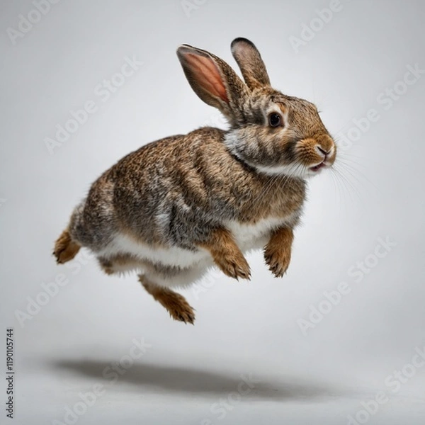 Fototapeta A rabbit mid-hop, caught in motion on a white background.

