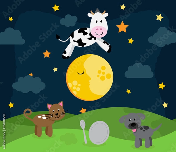 Obraz Hey Diddle Diddle Nursery Rhyme Landscape with Cow Jumping Over the Moon