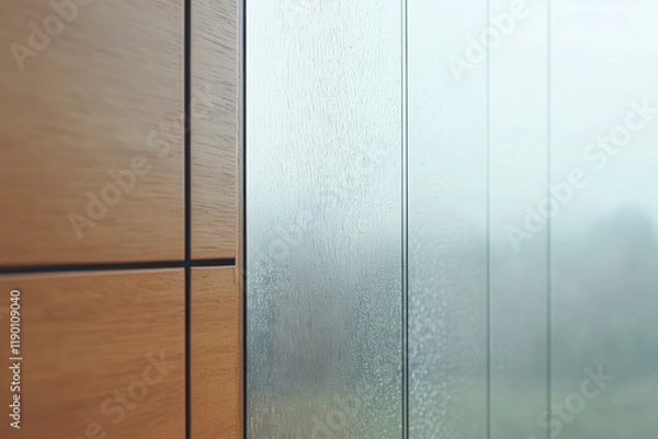 Fototapeta Water droplets on glass with wooden wall in a misty environment near a window