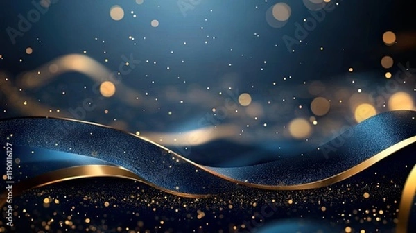 Fototapeta Blue background with golden lines, blue ribbon, glitter light effect and bokeh decoration. Luxury style design background