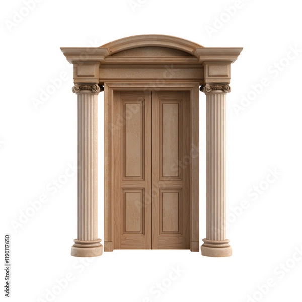 Fototapeta Elegant wooden door with classic columns, white isolate background.