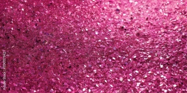 Fototapeta Bright pink glitter texture on pink background with shiny, scattered dots  festive and beautiful closeup image.