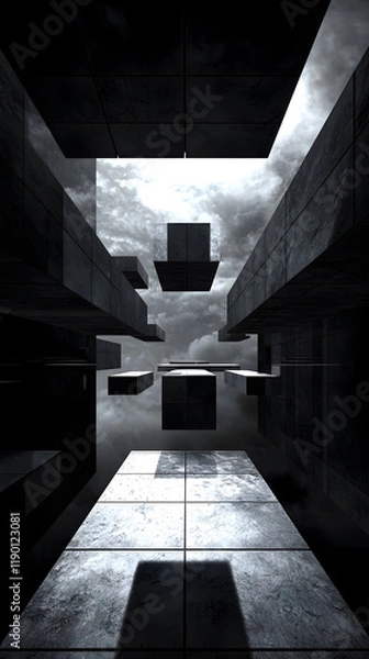 Fototapeta Suspended geometric forms in a surreal landscape