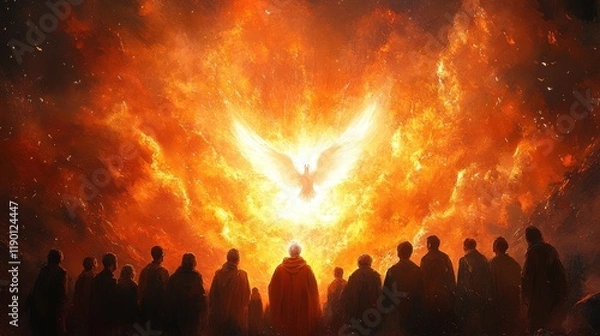 Fototapeta pentecost the descent of the holy spirit on the followers people in front of a bright fire with white dove in the flames digital painting