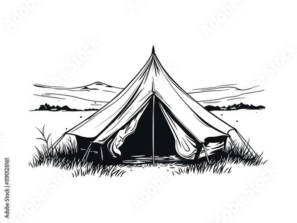 Fototapeta camping or hiking tent with grass Silhouette black vector illustrations isolated on white background
