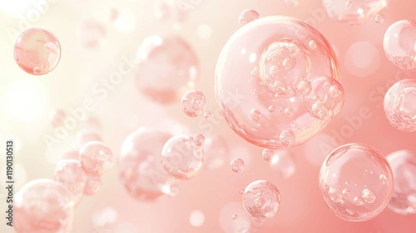 Fototapeta Pink Collagen bubbles Drops pink serum cream lotion drop into skin cells bubbles texture  background